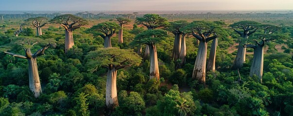 Dense forest of African baobab trees, African baobab tree forest, unique and ancient tree formations