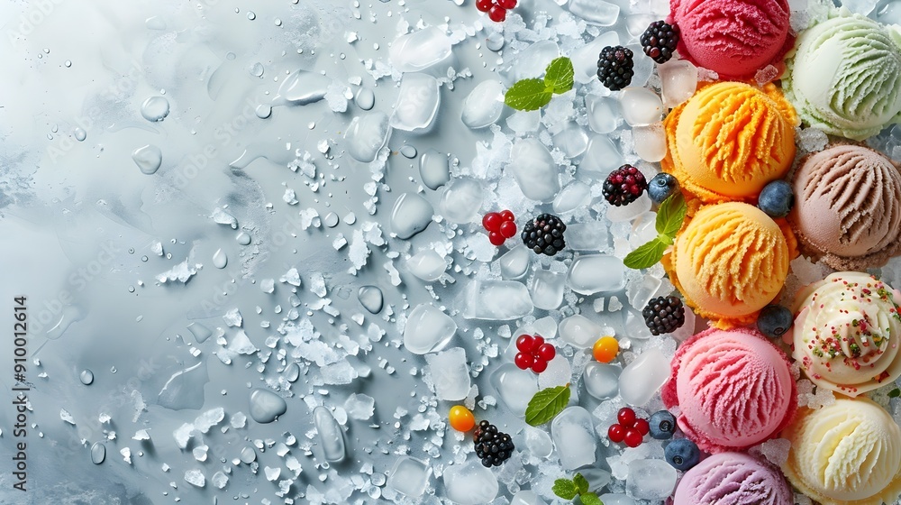 Poster assorted ice cream scoops on crushed ice with toppings and copy space