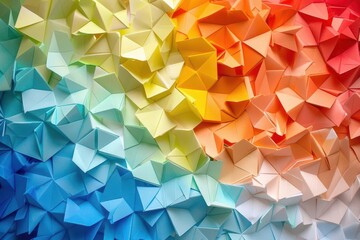 Obraz premium vibrant origami paper art installation forming an abstract wallpaper geometric shapes in a spectrum of colors create a dynamic textured background with intricate folds
