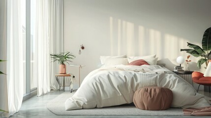 Fototapeta premium Cozy bedroom retreat with sunlight streaming through sheer curtains and decorative plants for lifestyle and wellness branding projects.