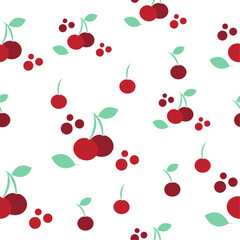 Seamless cherry pattern with green leaves on white background. Vector illustration for print, backgrounds, wallpaper, wrapping paper, fabric and cards