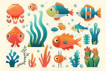 Obraz premium Colorful underwater scene featuring various fish, seaweed, and coral, perfect for design and illustration needs.
