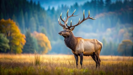 A majestic elk standing in a field, gazing to the right, elk, field, nature, wildlife, majestic, animal, antlers, outdoor