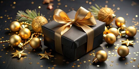 Black gift box adorned with golden ribbons and Christmas decorations, gift box, black, golden, ribbons, Christmas