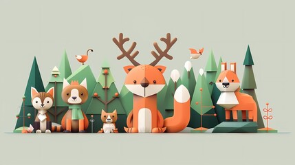 Fototapeta premium Whimsical animal characters posed playfully in a forest setting, showcasing vibrant colors and charming designs for children's decor.