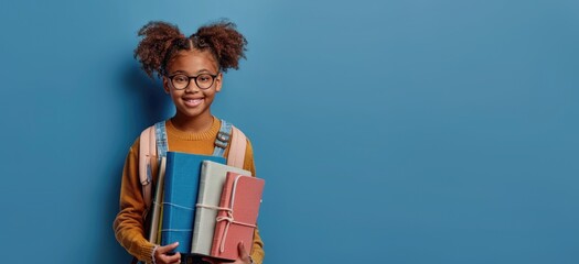 Fototapeta premium Smiling girl with glasses and curly hair holding books and wearing a sweater and overalls in front of a plain blue background.