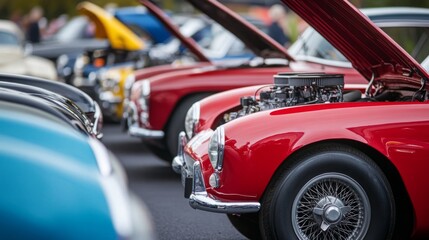 Rows of vintage cars are showcased at a local auto show, featuring bright colors and open hoods displaying impressive engines.