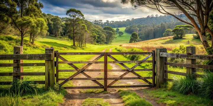 Rustic old gate leading to a rural country property, vintage, aged, weathered, rural, countryside, entrance, metal, fencing, rustic