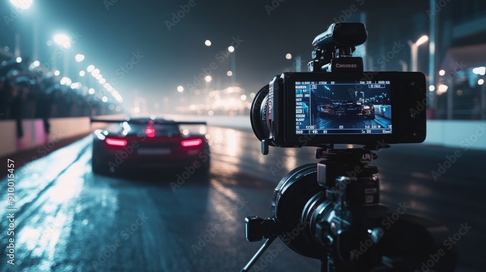 Poster A racing car speeds down a wet track at night while a camera captures the action from the sidelines with excited spectators watching.