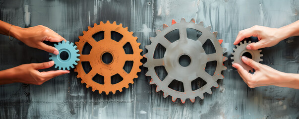 Fototapeta premium Human's hands connecting cog wheels on the table indoors. Concept of the teamwork and cooperation in business.