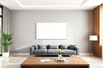 Modernes Wohnzimmer mit leerem gerahmter Leinwand für Mockups und Kunstillustrationen.