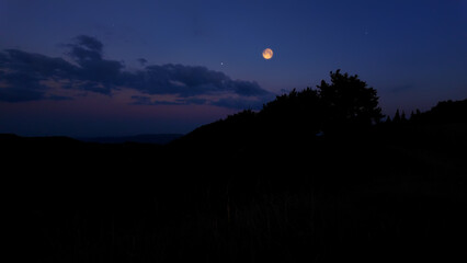 Full Moon, stars and landscape scenery silhouettes.