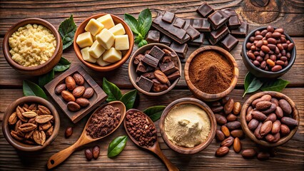 Assortment of chocolate making ingredients including cocoa beans, cocoa butter, and sugar