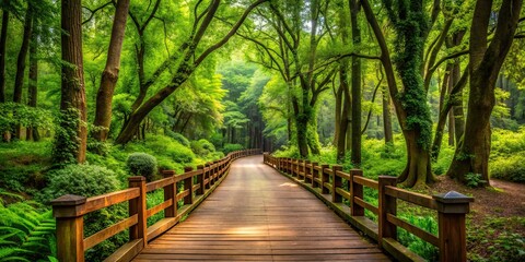 Obraz premium Beautiful wooded pathway surrounded by lush green trees, nature, forest, walkway, tranquil, serene, peaceful