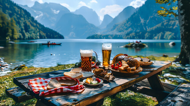 Pique nique sur une table en bois au bord du lac &agrave; la montagne