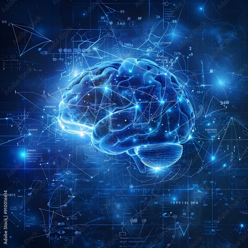 Poster intellectual brain surrounded by mathematical formulas and equations