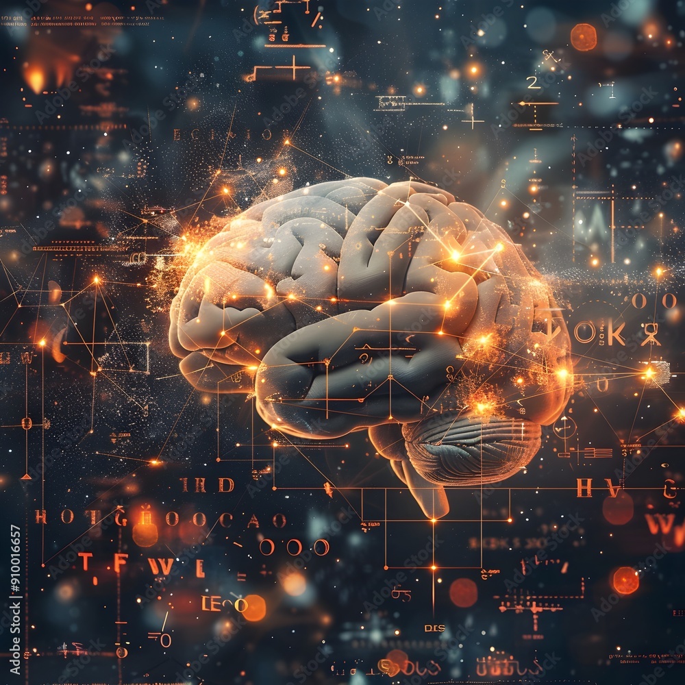 Poster intellectual brain power surrounded by floating mathematical formulas and equations