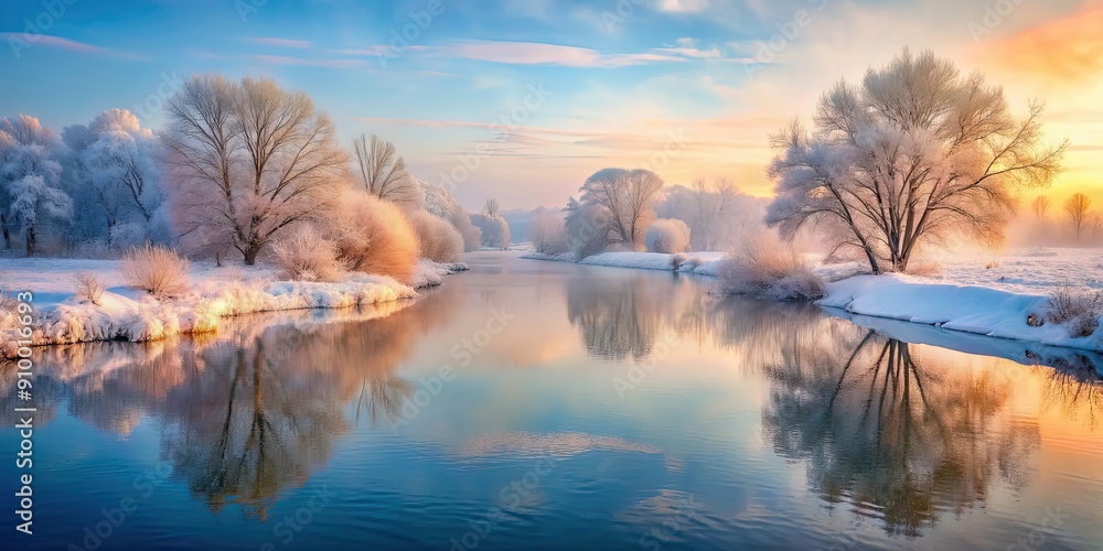 Canvas Prints Peaceful winter landscape with a quiet river flowing through pastel watercolors , winter, landscape, peaceful, river, watercolor