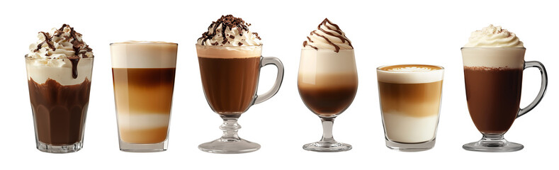 Hot drinks set with whipped cream in glasses. Hot Beverages - different types of coffee & hot chocolate. Cappuccino, mocha, latte