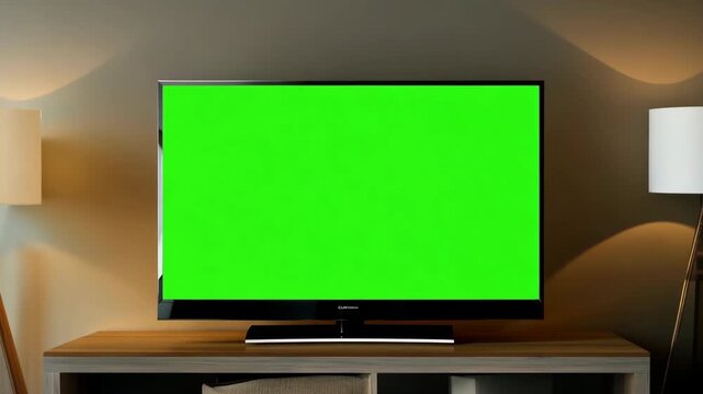 Watch tv with green screen mock up. Modern television with chroma key template. Empty mockup, blank space. Cozy home interior in living room. Online cinema ad concept. Evening leisure.