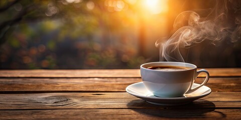 Obraz premium Morning coffee break in the sun with a steaming cup of coffee on a wooden table, coffee, break, morning, sun