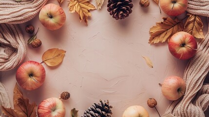 Obraz na płótnie Canvas Top view of autumn frame with fallen leaves and acorns and apples