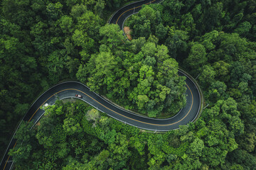 High angle view of winding road in green forest, green transportation and nature conservation.