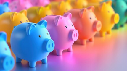 Row of multicolored piggy banks in blue, pink, yellow, and more, on a reflective surface with a soft gradient background. Savings and finance concept.