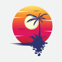 Coconut tree landscape logo design in circle vector form. Can be used for t-shirt design, background and other uses.