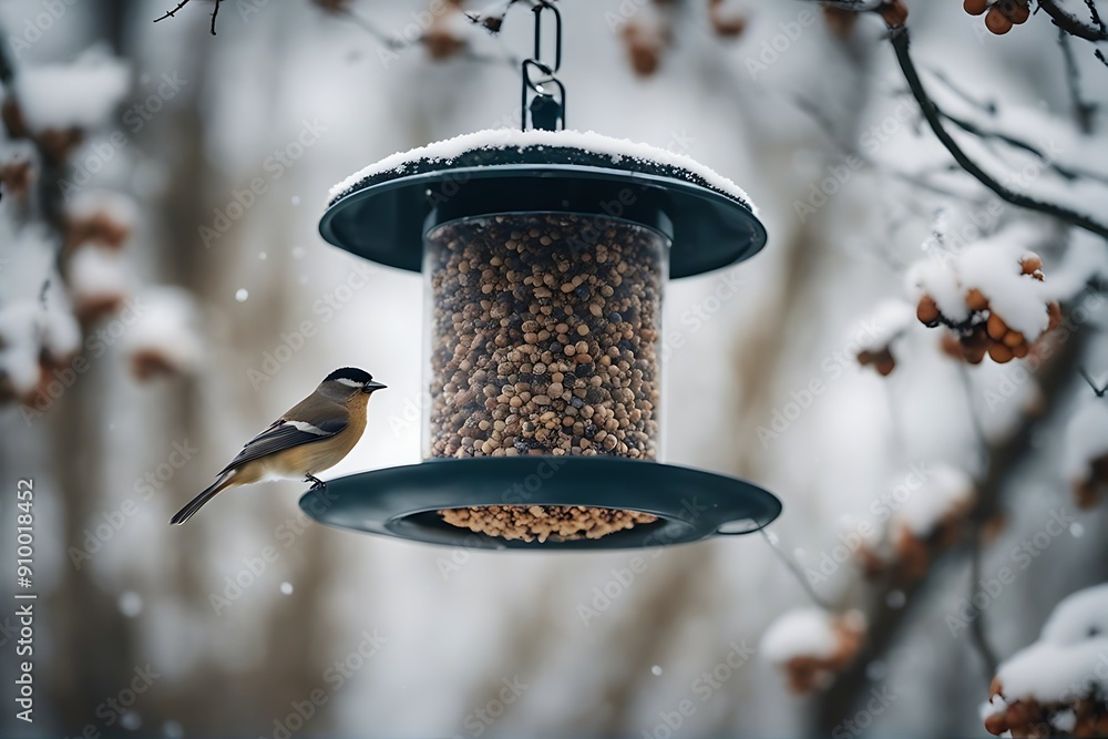 Wall mural winter feeder garden seeds bird eats hanging great tit bokeh design shiny nature wildlife animal tre