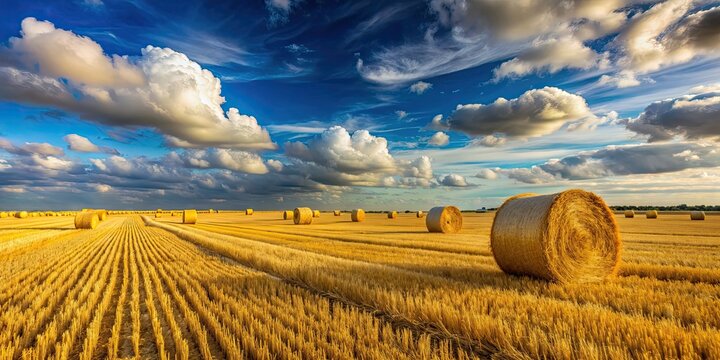 Yellow golden straw bales in stubble field under blue sky with clouds, agriculture, farm, rural, landscape, hay bales, golden