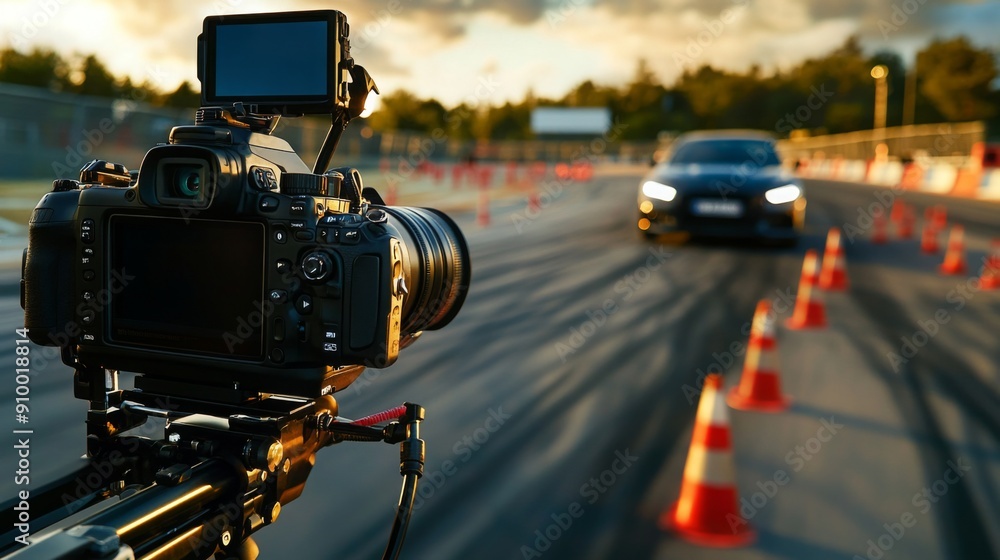 Poster a camera records a car maneuvering through a slalom course marked by cones, with a vibrant sunset ba