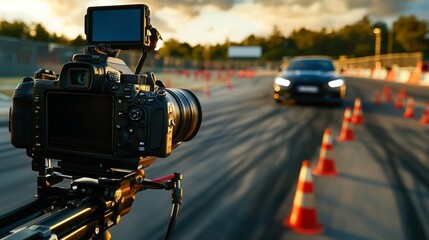 A camera records a car maneuvering through a slalom course marked by cones, with a vibrant sunset backdrop.