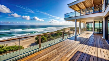 Fototapeta premium Beautiful beach house with panoramic ocean views and wooden deck , vacation, summer, beachfront, coastal