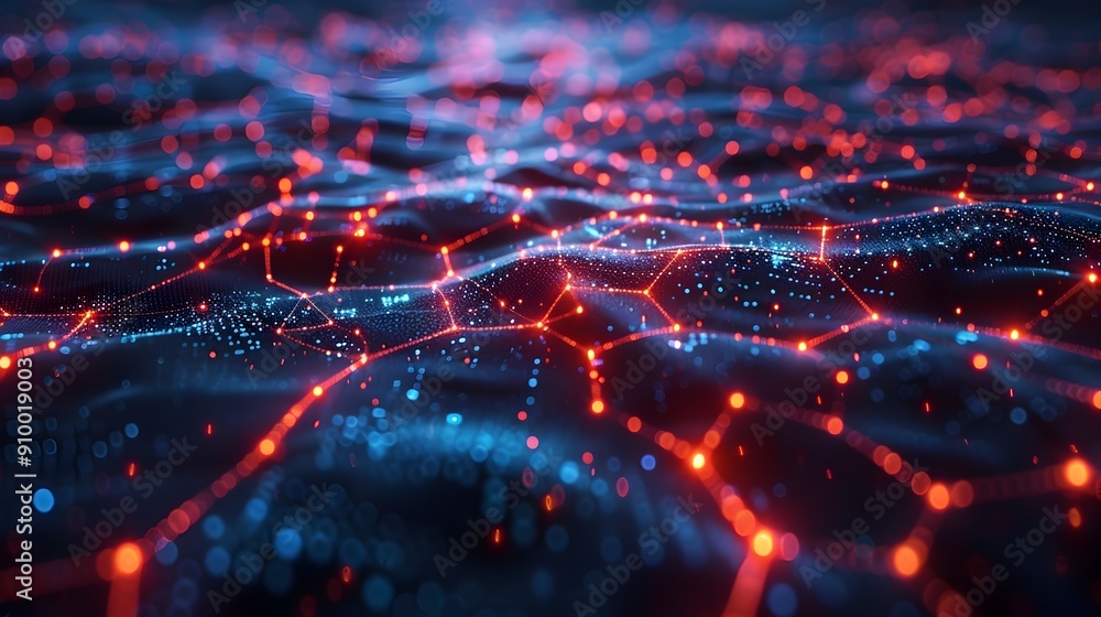 Poster glowing algorithm visualized as dynamic digital network