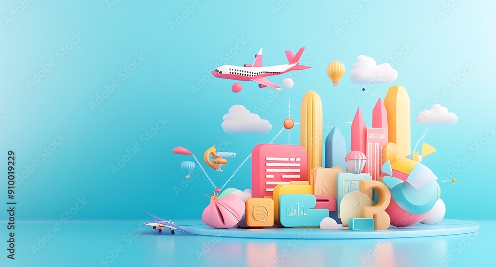 Poster Abstract Colorful 3D Cityscape with Flying Objects and Clouds