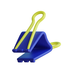 Blue and yellow binder clip isolated on a black background.