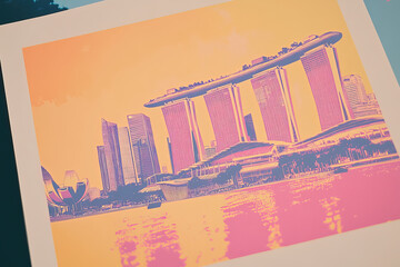 Risograph retro riso print travel poster, card, wallpaper or banner illustration, modern, isolated, clear, simple of Singapore, Singapore