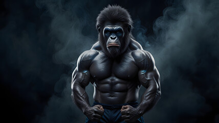 Muscular Angry ape bodybuilder Dark blue smoky background