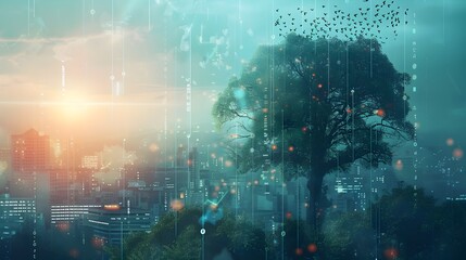 Fototapeta premium Futuristic AI Powered Environmental Monitoring System Tracking Pollution Levels and Wildlife Populations in a Surreal Cityscape Landscape