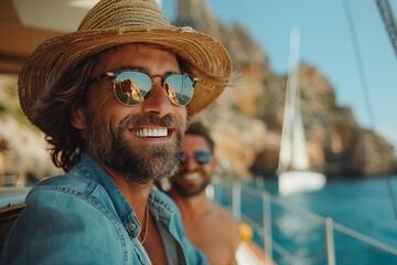 Smiling Man in Sunglasses Enjoys Sailing on a Sunny Day Near Coastal Cliffs