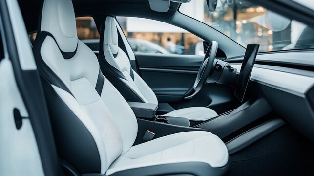 The interior features luxurious white and black seating in a contemporary electric vehicle, showcasing advanced design and technology. - Powered by Adobe