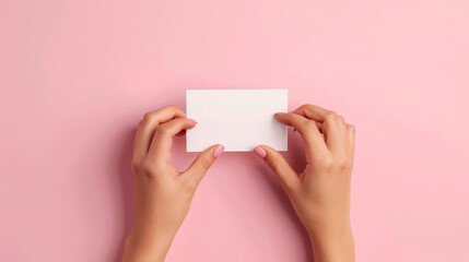 Obraz premium Woman's hands holding a blank business card isolated on a pink paper background.