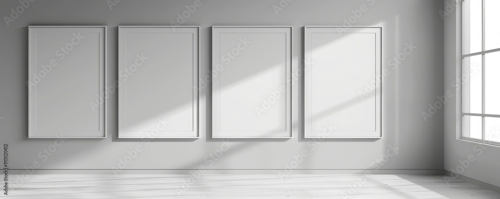 Poster empty white picture frames hanging on a wall with sunlight streaming through a window