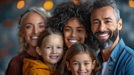 Fototapeta premium Capturing genuine smiles, this artwork showcases a harmonious blend of cultures in a loving family setting, highlighting connection and togetherness across generations.