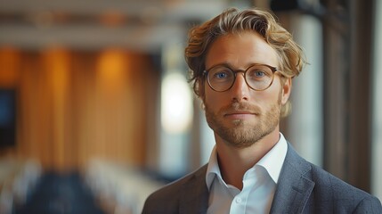 Confident businessman with glasses and suit standing in modern office environment, looking at camera with determination.