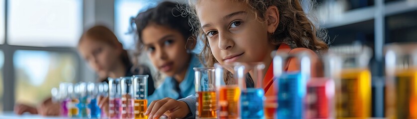 Curious children conducting scientific experiments with colorful liquids in a classroom, exploring chemistry and fostering science education.