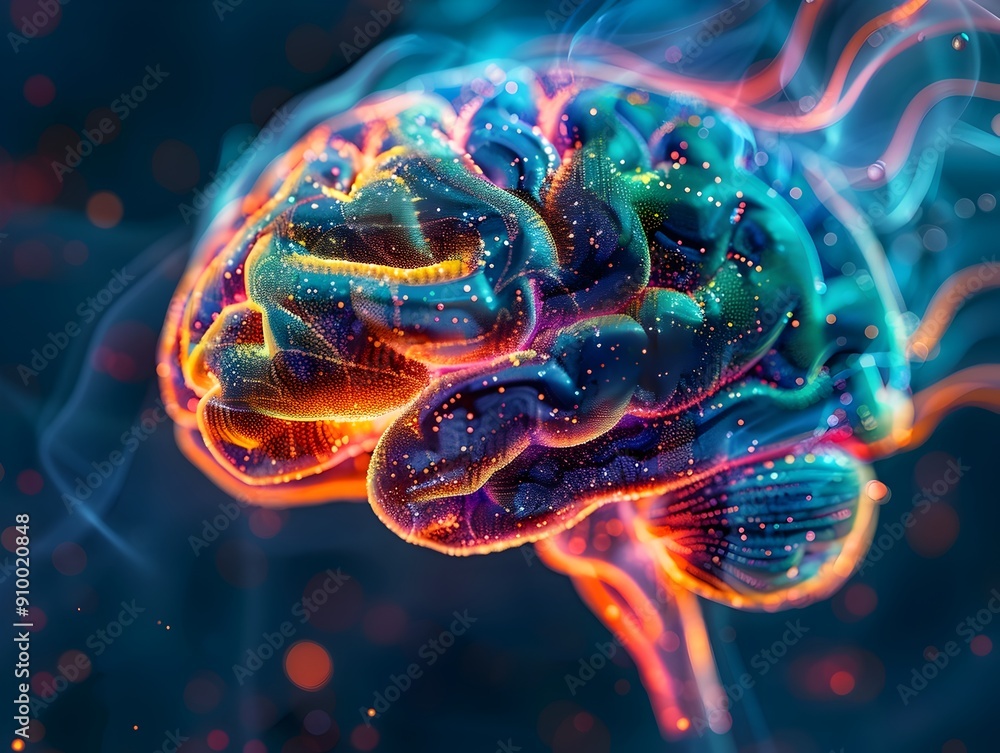 Poster rendering of a vibrant and imaginative human brain with swirling colorful patterns representing crea