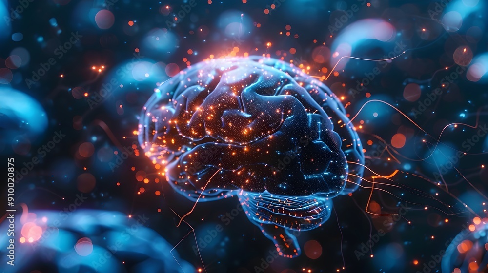 Poster glowing digital brain with interconnected neurons representing advanced and technology concept