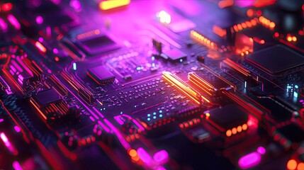 Fototapeta premium Close-up of a Vibrant and Futuristic Circuit Board with Glowing Neon Lights in a Dark Background